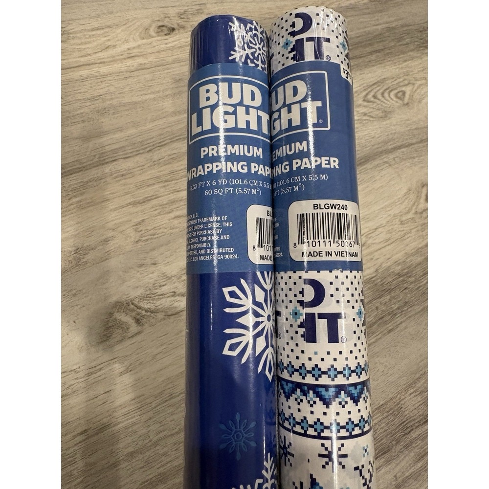 Bud Light Beer Christmas Wrapping Paper Set 2 Blue White Reindeer Snowflake Gag